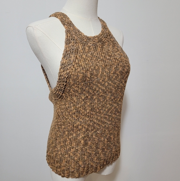Marled Tops - Marled Medium Boho Festival Knit High Neck Brown Neutral Tank Top